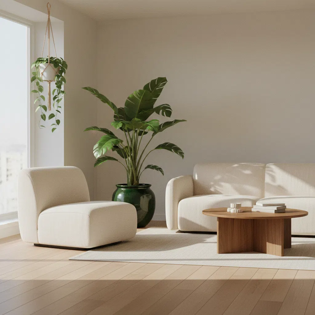 A tidy workspace with a notebook, a plant and a glass of water on a light wooden desk